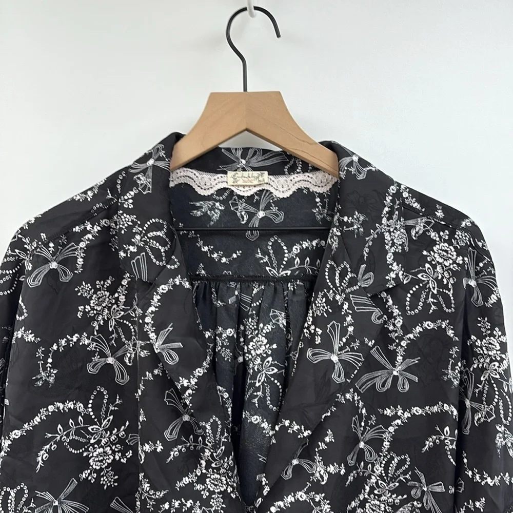 Intimately Free People Floral Bow Print V-Neck Button Down Boxy Shirt Black XL